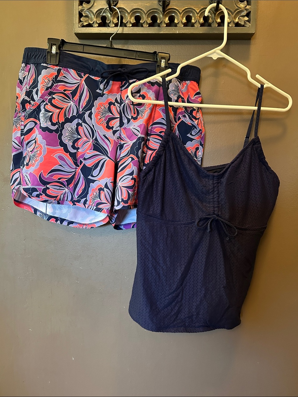Lands' End Navy Tankini with Pink & Purple Floral Swim Shorts